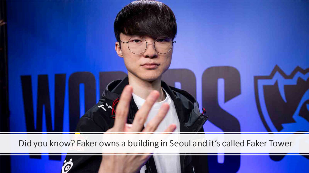 Faker holding up four fingers after winning the Worlds 2024 championship